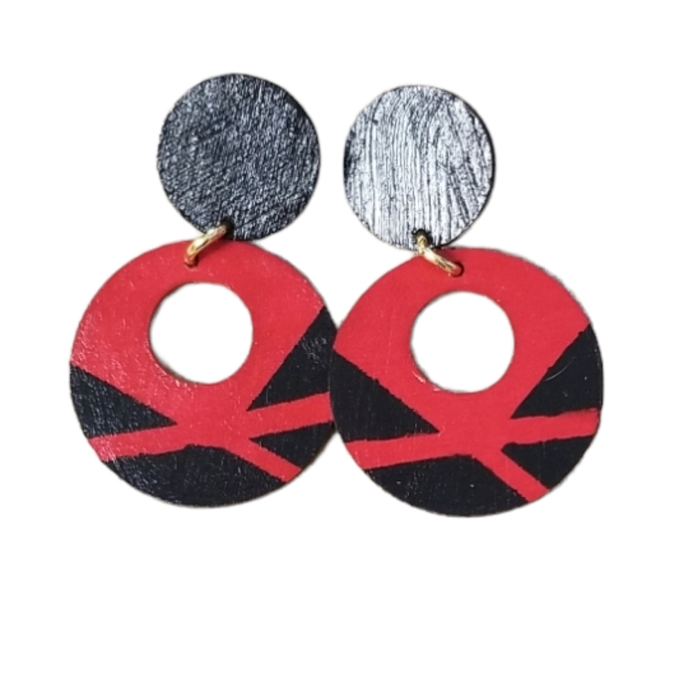 Red and Black Hand Painted Handmade Wooden Earrings